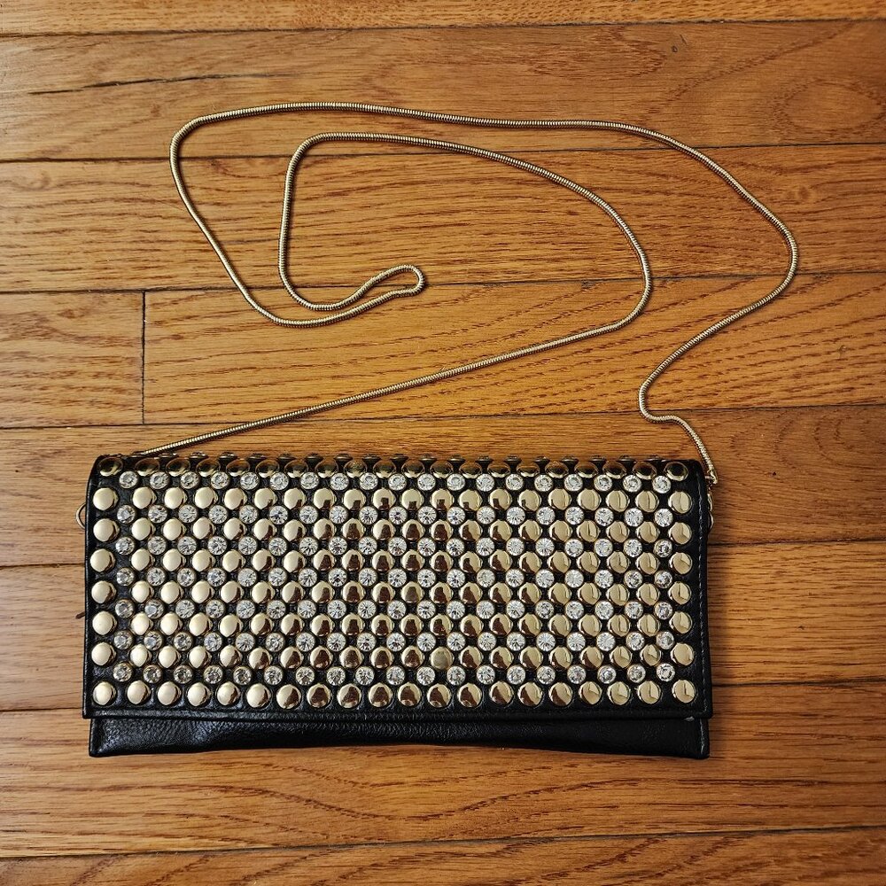 Cache Black Gold Studded Rhinestone Clutch w/ Shoulder Chain